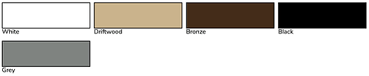 Color swatches displaying White, Driftwood, Bronze, Black, and Grey finish options
