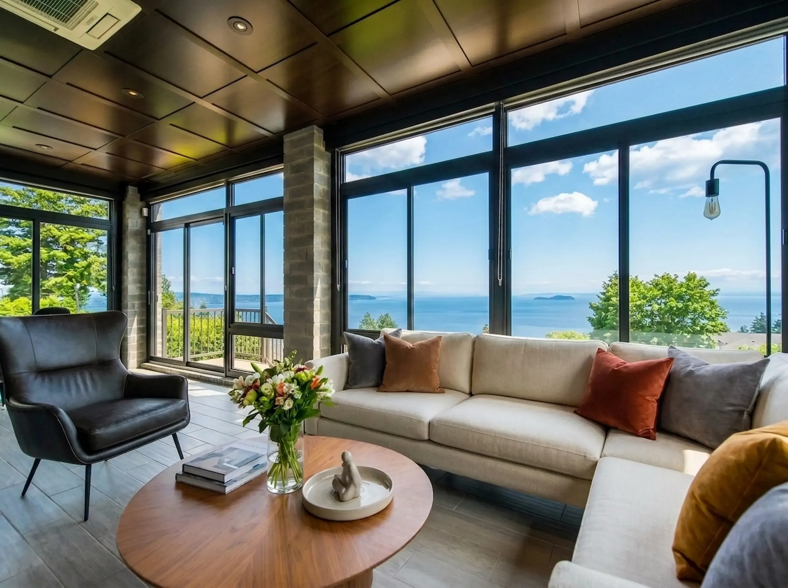 Modern Sunspace NuBuild 3 season glass sunroom interior with sectional sofa and ocean views