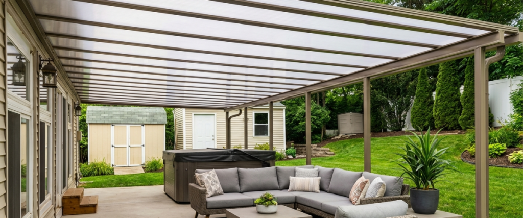 Sunspace NuBuild Beat the Heat acrylic patio cover sheltering an outdoor sectional sofa seating area