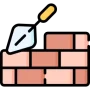 Illustration icon showing a metal trowel laying mortar on a brick wall structure