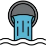 Illustration icon of a grey drainage pipe discharging blue wastewater into undulating waves