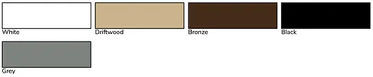 Color swatches displaying White, Driftwood, Bronze, Black, and Grey finish options