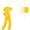 Yellow icon showing a person blocking intense light rays from a wall fixture
