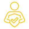 Yellow icon showing a person holding a protective shield with a checkmark