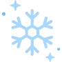 Minimalist weather icon showing a light blue snowflake surrounded by four-pointed stars and circular sparkles