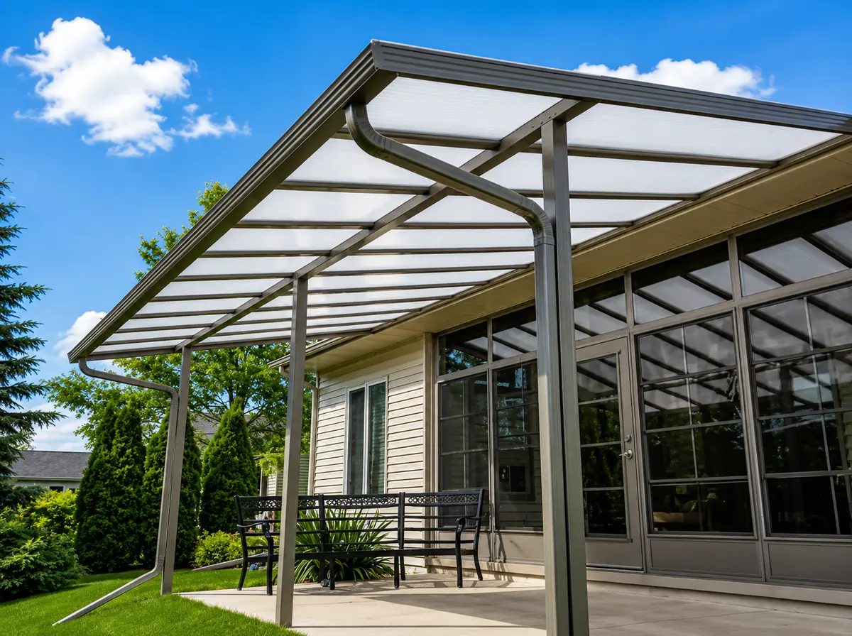 Sunspace translucent acrylic patio cover with tan framing sheltering an outdoor concrete deck patio area