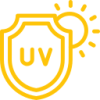 Yellow icon showing a protective shield with the text UV next to a shining sun symbol