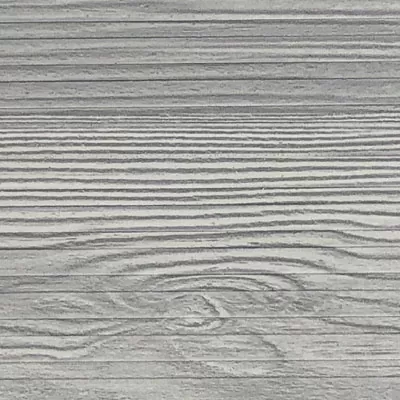 Close up view of a Sunspace AlumaDeck Weathered Wood finish color swatch sample highlighting a textured, light grey wood-grain finish.