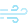 Minimalist weather icon depicting horizontal light blue wind gust lines with curved swirl details