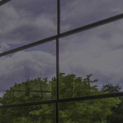 Dark tinted window season full night view panel reflecting cloudy sky above green outdoor trees